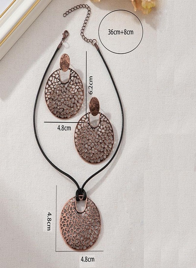 sunglnl Necklace And Earring Sets For Women, Circular Hollow Metal Pendant Vintage Necklaces With Long Chain Bohemian Style Jewelry Gift (Bronze-circle) - Image 5
